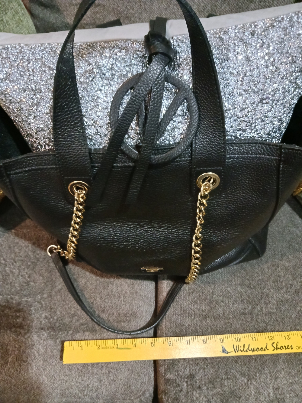 Mario Valentino Black Leather Tote with Gold Chain Handles